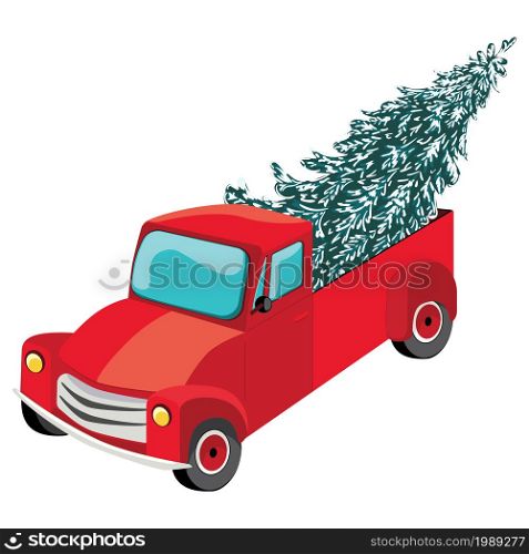 Cartoon retro red pickup with evergreen tree illustration