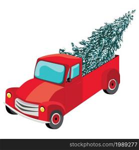 Cartoon retro red pickup with evergreen tree illustration