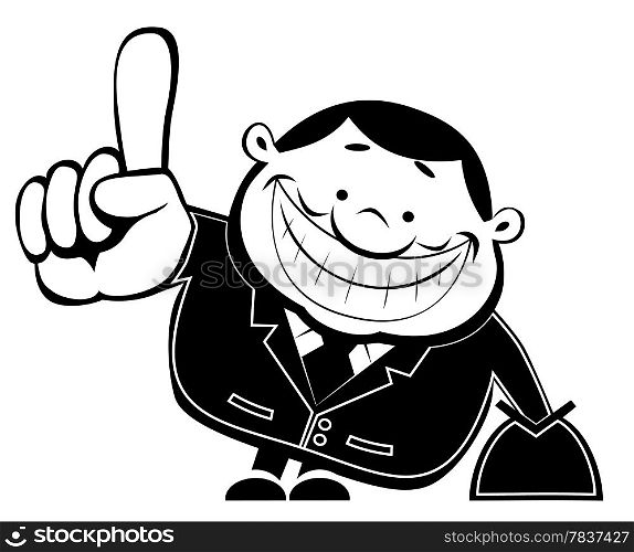 Cartoon retro salesman pays attention. Vector EPS8. Black and white