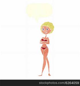 cartoon retro woman in bikini with speech bubble