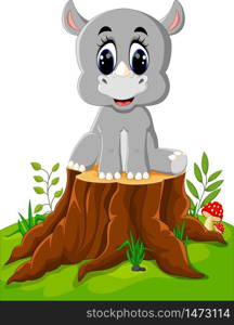 Cartoon rhino sitting on tree stump