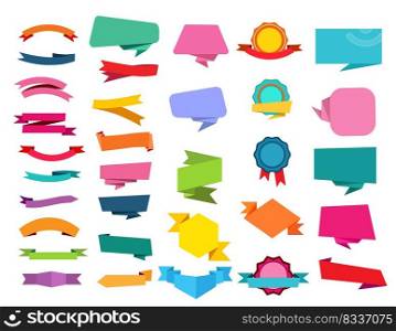 Cartoon ribbon set. Speech bubbles, origami, medal, awards. Banners concept. Vector illustrations can be used for sale, tag, emblem templates