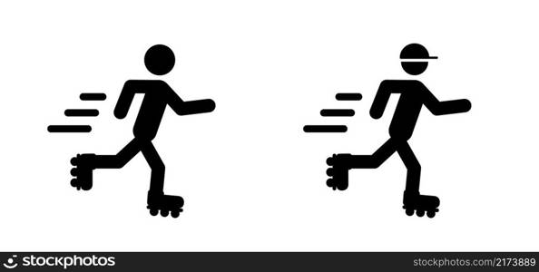 Cartoon riding or rolling skate on street or park icon. Roller skates and acts of skating shoes and helmet. Sport or recreation Symbol. Roller skater silhouette logo. Athletes of skates concept.