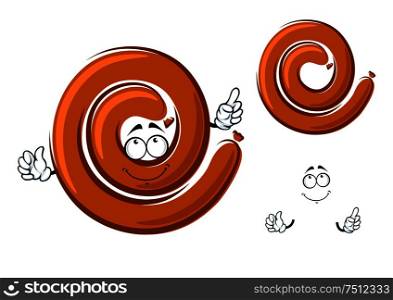 Cartoon ring of homemade spicy pork sausage character with funny smiling face, isolated on white. Cartoon ring of spicy pork sausage