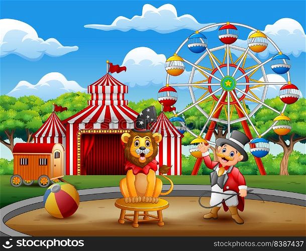 Cartoon ringmaster and a lion in the circus arena 