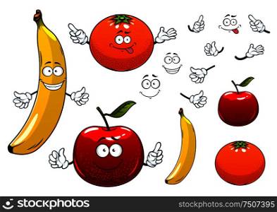 Cartoon ripe juicy red apple, orange and banana fruits characters with happy faces, showing attention signs, for agriculture or food design. Cartoon apple, orange and banana fruits