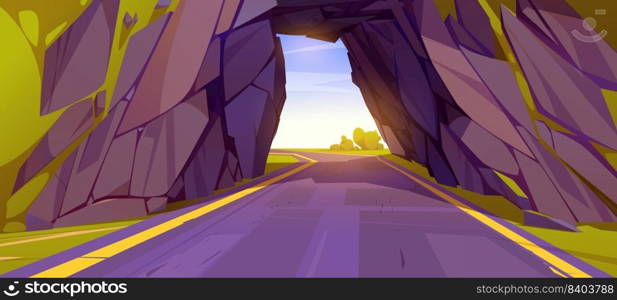 Cartoon road going through tunnel in mountain. Vector illustration of empty speed highway running through rock, perspective view. Travel route, way to destination. Cartoon road going through tunnel in mountain