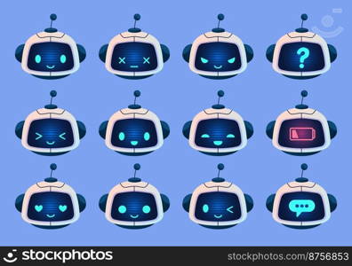 Cartoon robot emotions. Funny android faces with different expressions, cute cyborg smiles, little humanoid characters, robotic emoji artificial intelligence communication tidy vector cartoon flat set. Cartoon robot emotions. Funny android faces with different expressions, cute cyborg smiles, little humanoid characters, artificial intelligence communication tidy vector cartoon flat set