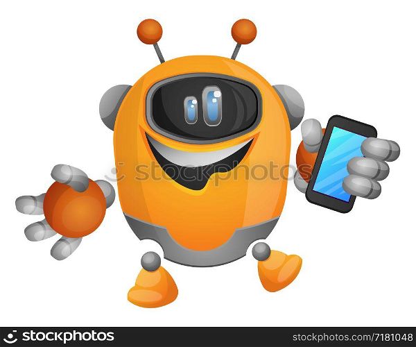 Cartoon robot holding a smartphone illustration vector on white background