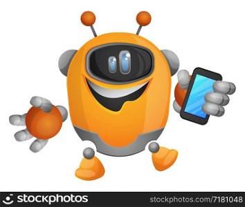Cartoon robot holding a smartphone illustration vector on white background