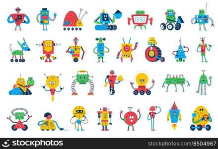 Cartoon robot toys, vector characters of cute bots. Future technologies, science or space game retro robots, android machines, droids and cyborgs. Artificial intelligence kids toys with happy faces. Cartoon robot toys, vector characters of cute bots