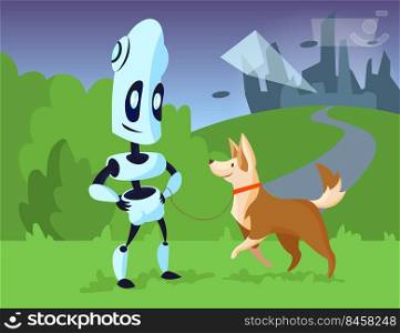 Cartoon robot walking dog in park illustration. Mechanical character smiling with happy pet on leash, silhouette of tall buildings in background. Modern robots, pets, artificial intelligence concept
