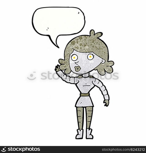 cartoon robot woman waving with speech bubble