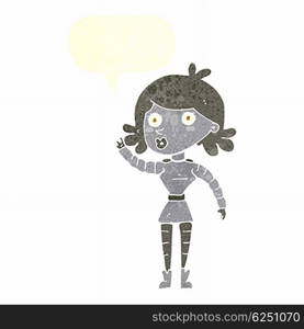 cartoon robot woman waving with speech bubble