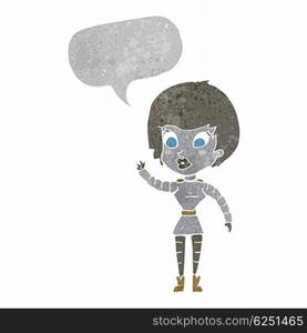 cartoon robot woman waving with speech bubble