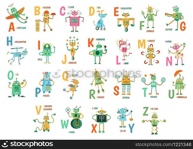 Cartoon robots alphabet. Funny robot characters, ABC letters for kids and education poster with robotic friend mascots vector illustration set. Cute androids and english words placed alphabetically.. Cartoon robots alphabet. Funny robot characters, ABC letters for kids and education poster with robotic friend mascots vector illustration set