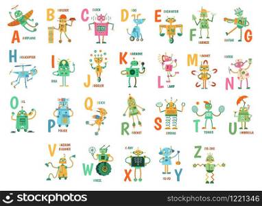 Cartoon robots alphabet. Funny robot characters, ABC letters for kids and education poster with robotic friend mascots vector illustration set. Cute androids and english words placed alphabetically.. Cartoon robots alphabet. Funny robot characters, ABC letters for kids and education poster with robotic friend mascots vector illustration set