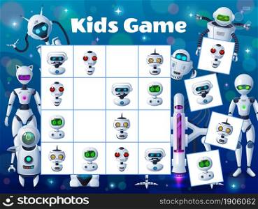Cartoon robots and androids sudoku kids game. Vector boardgame task with ai cyborgs, maze riddle with humanoids and bots characters on chequered board. Children logic puzzle for leisure with cards. Cartoon robots and androids, sudoku logic puzzle