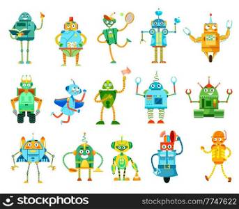 Cartoon robots and droids characters. Funny robotic teacher, builder and cleaner, police droid vector mascots. Cute androids, cyborgs with antennas, claws and drills on hands, spring and wheel legs. Cartoon robots and droids funny vector characters