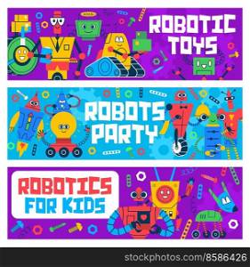 Cartoon robots and droids kids toys, cute space maχ≠characters. Vector v∫a≥android computer assistant, metal humanoid cyborg, robotic dog, robot rocket, spaceman and waiter, kids party invite. Cartoon robot and droid kids toys, space maχ≠s