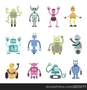 Cartoon robots characters. Mechanical robot, retro toy monsters. Cute kids friends, automation cyborgs and androids decent vector collection. Illustration android cyborg character mascot. Cartoon robots characters. Mechanical robot, retro toy monsters. Cute kids friends, automation cyborgs and androids decent vector collection
