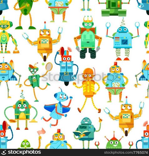 Cartoon robots, cyborgs and droids on seamless vector pattern background. Funny toy robots and transformers or android bots on wheel with mechanic hands, kids toys or comic robots pattern. Cartoon robots, cyborg droids pattern background