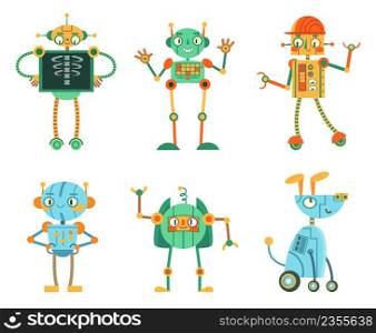 Cartoon robots, friendly characters with artificial intelligence. Innovative smart machines for kids, robotic dog pet. Smart digital cyborgs with antennas, ai cyborgs isolated vector set. Cartoon robots, friendly characters with artificial intelligence. Innovative smart machines for kids, robotic dog