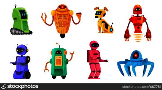 Cartoon robots. Robotics bots, robot pet and robotic android bot characters technology. Spaceman robot kids toys, robotic alien mascot or futuristic cyborg. Vector illustration isolated icons set. Cartoon robots. Robotics bots, robot pet and robotic android bot characters technology vector illustration set
