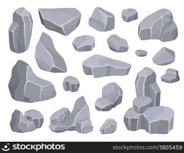 Cartoon rock stones, gray mountain cliffs and boulders. Various sizes rocks formation, mineral debris, broken concrete pile vector set. Natural blocks for architectural construction and design. Cartoon rock stones, gray mountain cliffs and boulders. Various sizes rocks formation, mineral debris, broken concrete pile vector set