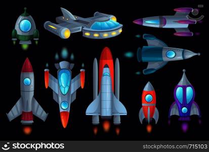 Cartoon rockets. Space rocketship, aerospace rocket and spacecraft ship. Spaceship shuttle for game, futuristic rockets astronomy technology. Isolated vector illustration icons set. Cartoon rockets. Space rocketship, aerospace rocket and spacecraft ship isolated vector illustration set
