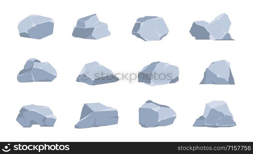 Cartoon rocks. Coal and gray stone, flat isometric 3D boulders and cliff of various shapes. Vector image graphic geometric polygonal concrete gravel set for game illustration. Cartoon rocks. Coal and gray stone, flat isometric 3D boulders and cliff of various shapes. Vector geometric polygonal set