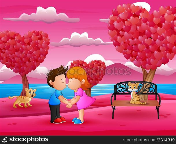 Cartoon romantic couple kissing in a beautiful pink garden