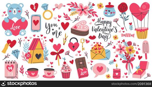 Cartoon romantic love valentines day elements and stickers. Heart shape, sweets, cake and flowers vector symbols set. Valentines day romantic objects. Box with diamond ring, envelope with letter. Cartoon romantic love valentines day elements and stickers. Heart shape, sweets, cake and flowers vector symbols set. Valentines day romantic objects