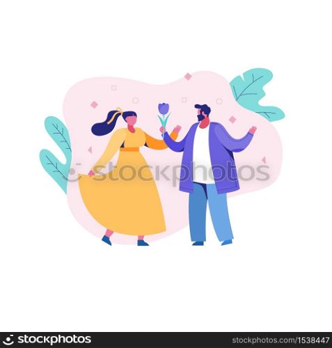 Cartoon romantic man and woman outdoors. Romance between character people. Cartoon cute couple.. Cartoon romantic man and woman outdoors.