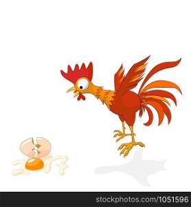 Cartoon rooster in shock, broken egg is stylized numbers 2017. Rooster symbol of the New Year Chinese calendar. Vector illustration. Vector illustration of cartoon rooster in shock, broken egg is stylized numbers 2017. Rooster symbol of the New Year Chinese calendar.