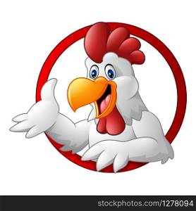 Cartoon rooster mascot presenting