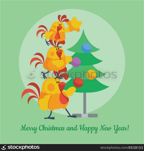 Cartoon roosters family decorating christmas tree. Cute cocks hanging toys on fir flat vector. Merry christmas and Happy New Year. Chinese zodiac calendar animal character. For Xmas invitation card. Cartoon Roosters Decorating Christmas Tree Vector. Cartoon Roosters Decorating Christmas Tree Vector