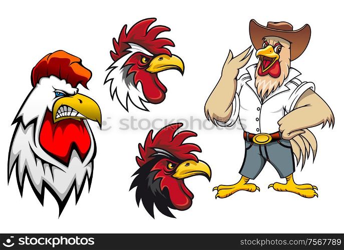 Cartoon roosters or cocks charcters for mascot ot agriculture design, vector illustration