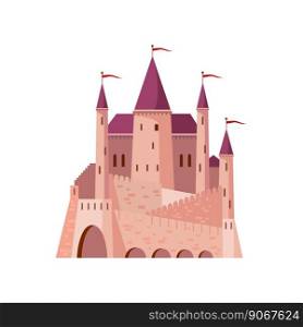 Cartoon royal fortress medieval palace with towers, gates and flag. Vector fantasy fort, old medieval city architecture, game citadel, kingdom palace. Medieval castle fortress citadel queen king palace