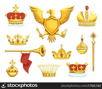 Cartoon royal symbols. Golden imperial crowns. Scepter and ord. Coat of arms with eagle. King or queen precious headdresses. Isolated trumpet and heraldic emblems. Vector medieval royalty insignia. Cartoon royal symbols. Imperial crowns. Scepter and ord. Coat of arms with eagle. King or queen precious headdresses. Trumpet and heraldic emblems. Vector medieval royalty insignia