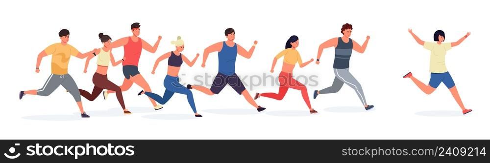 Cartoon runner. People in sport clothes running and jogging, sport athletic men and women on group training. Vector illustration. Female and male characters participating in marathon on competition. Cartoon runner. People in sport clothes running and jogging, sport athletic men and women on group training. Vector illustration