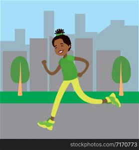 Cartoon running african american woman, cityscape in the background,vector illustration