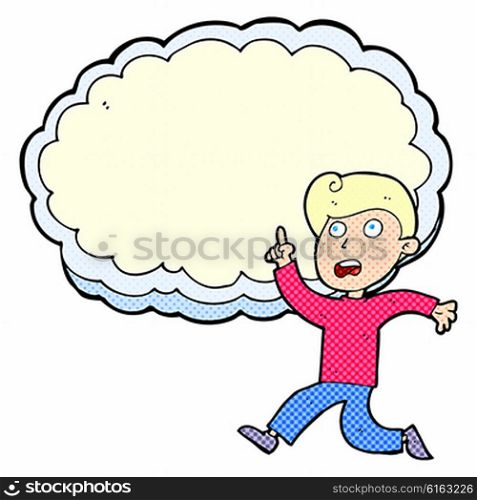 cartoon running boy in front of idea cloud with space for text