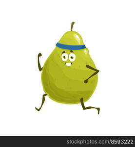 Cartoon running green pear character. Funny ripe fruit doing fitness exercise, jogging cute pear vector personage with happy smiling face. Cute fruit goes for healthy lifestyle and sport activity. Cartoon running green pear vector character