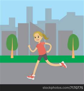 Cartoon running woman, cityscape in the background,vector illustration