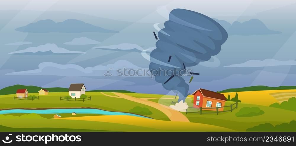 Cartoon rural landscape with tornado, hurricane storm destroying houses. Whirlwind, stormy weather, natural disaster vector illustration. Extreme weather conditions, environmental catastrophe. Cartoon rural landscape with tornado, hurricane storm destroying houses. Whirlwind, stormy weather, natural disaster vector illustration