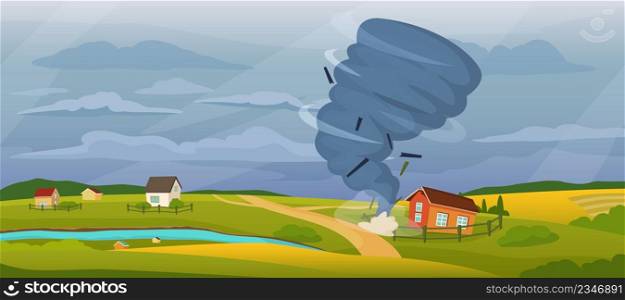 Cartoon rural landscape with tornado, hurricane storm destroying houses. Whirlwind, stormy weather, natural disaster vector illustration. Extreme weather conditions, environmental catastrophe. Cartoon rural landscape with tornado, hurricane storm destroying houses. Whirlwind, stormy weather, natural disaster vector illustration