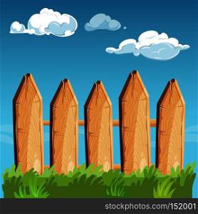 Cartoon rural wooden fence blue sky vector illustration. Fence wooden outdoor. Cartoon rural wooden fence blue sky vector illustration
