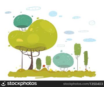 Cartoon Rustic Garden, Field in Forest, Park with Trees and Grass under Cloudy Sky. Vector Suburb, Countryside, Wild Nature. Flat Panoramic Landscape. Natural Village Rural Scene Illustration. Cartoon Rustic Garden, Field in Forest, Park Scene