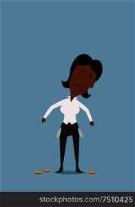 Cartoon sad african american businesswoman with empty pockets and last coins, for financial crisis or bankruptcy theme